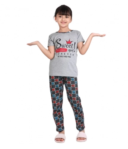 Generic Girl's Cotton Hosiery Printed Night Suit Set (Grey-Red)