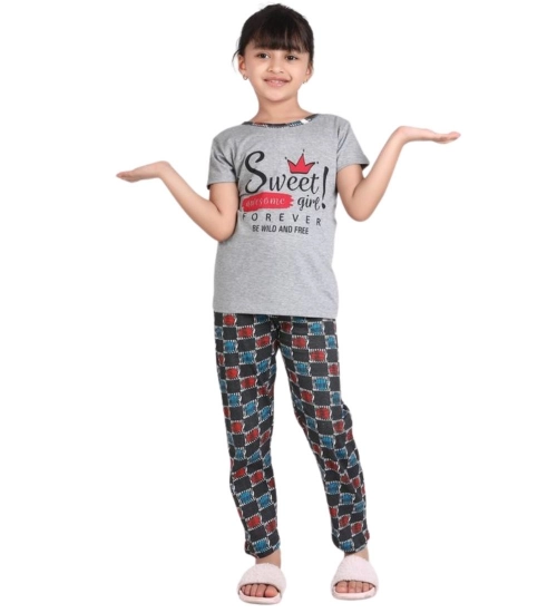 Generic Girl's Cotton Hosiery Printed Night Suit Set (Grey-Red)