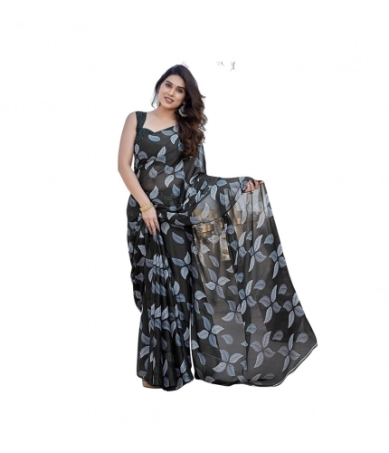 Generic Women's Chiffon Printed Saree With Unstitched Blouse 5.5Mtr (Black)