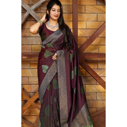 Women's Litchi silk Printed Saree With Unstitched Blouse (Maroon)