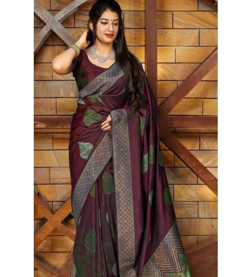 Generic Women's Litchi silk Printed Saree With Unstitched Blouse (Maroon)