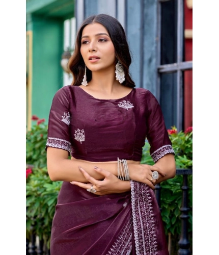 Generic Women's Faux Shimmer Floral Embroidery Ready to wear Saree With Unstitched Blouse 5.5Mtr (Maroon)