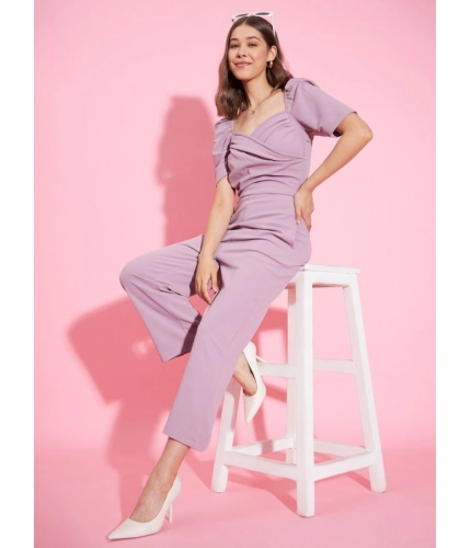Generic Women's Polyester Lycra Solid Puff Sleeve Jumpsuit (Lavender)