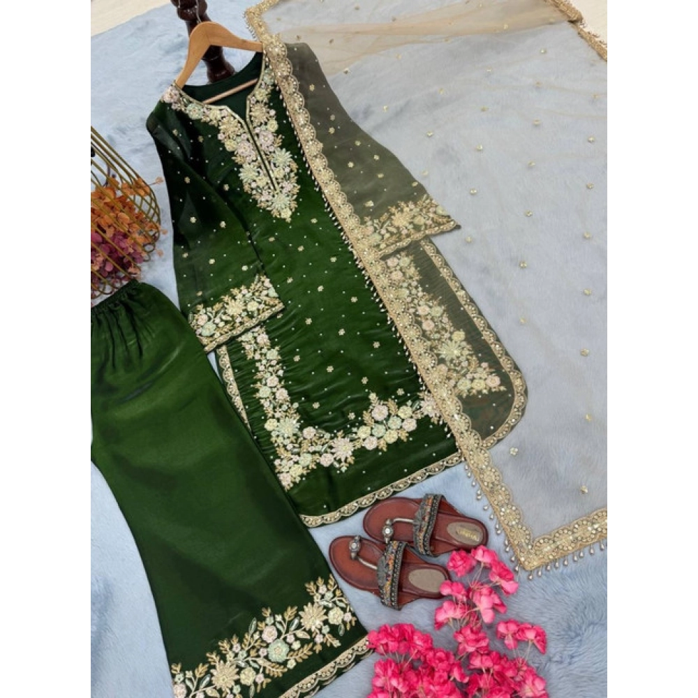Generic Women's Silk Embroidered 3/4th Sleeve Round Kurti With Palazzo Pant and Dupatta Set (Dark Green) Generic Women's Silk Embroidered 3/4th Sleeve Round Kurti With Palazzo Pant and Dupatta Set (Dark Green)