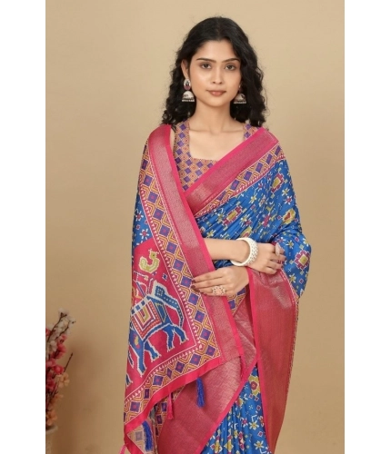 Generic Women's Cotton Silk Printed Saree With Unstitched Blouse 5.5Mtr (Blue)