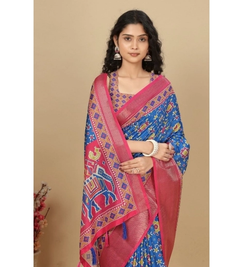 Generic Women's Cotton Silk Printed Saree With Unstitched Blouse 5.5Mtr (Blue)