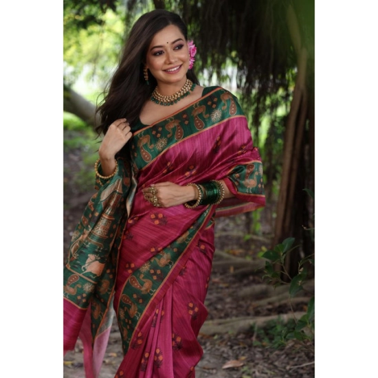 Generic Women's Faux_Tussar_Silk Printed Saree With Unstitched Blouse 5.5Mtr (Pink)