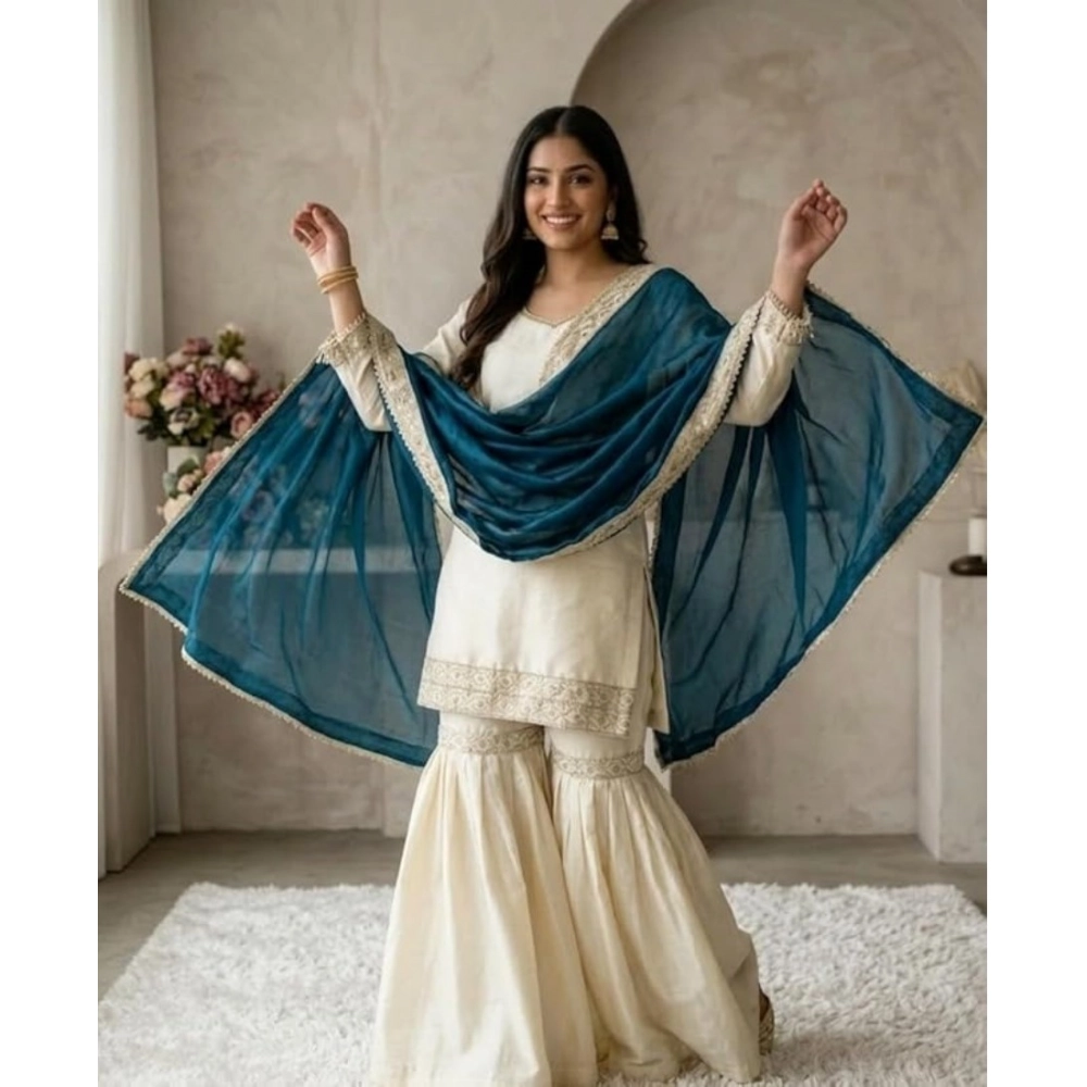 Generic Women's Silk Embroidered 3/4th Sleeve V-Neck Kurti With Sharara Pant and Dupatta Set (Cream & Teal) Generic Women's Silk Embroidered 3/4th Sleeve V-Neck Kurti With Sharara Pant and Dupatta Set (Cream & Teal)