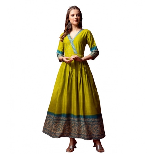 Generic Women's Cotton Blend Printed Anarkali Gown (Green)