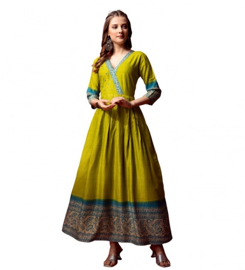 Generic Women's Cotton Blend Printed Anarkali Gown (Green)