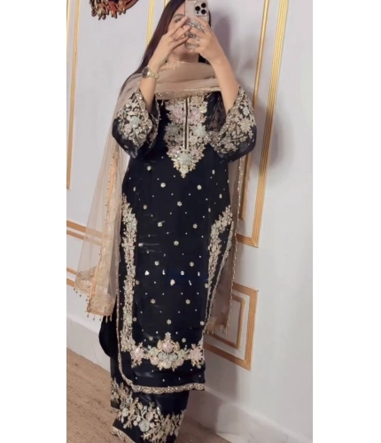 Generic Women's Silk Embroidered 3/4th Sleeve Round Readymade Kurti With Palazzo Pant and Dupatta Set (Black)