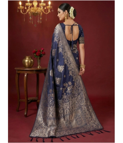 Generic Women's Silk Blend Printed Saree With Unstitched Blouse 5.5Mtr (Navy Blue)