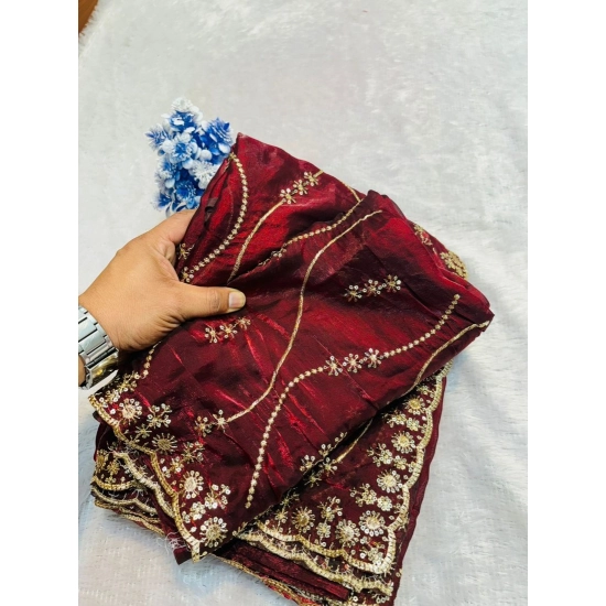 Generic Women's Slik Embellished Saree With Unstitched Blouse 5.5Mtr (Maroon)