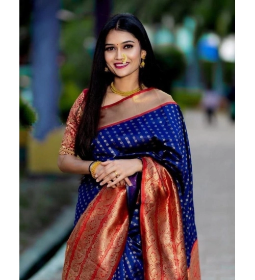 Generic Women's Litchi silk Printed Saree With Unstitched Blouse (Blue)