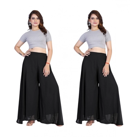 Generic Women's Pack of 2 Georgette Solid High Rise Wide Leg Flared Palazzos with Elastic Waist (Black)