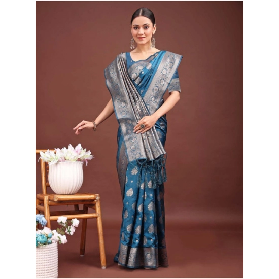 Generic Women's Banarasi Silk Printed Saree With Unstitched Blouse 5.5Mtr (Teal Blue)