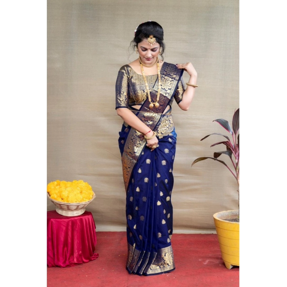 Generic Women's Soft Litchi Silk Jacquard Work Saree With Unstitched Blouse 5.5Mtr (Blue)