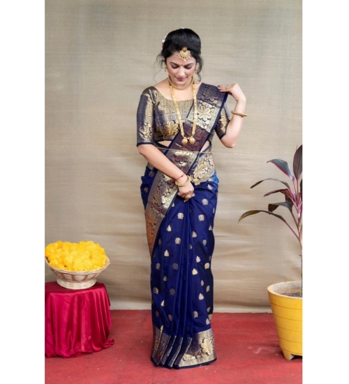 Generic Women's Soft Litchi Silk Jacquard Work Saree With Unstitched Blouse 5.5Mtr (Blue)