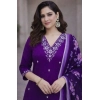 Generic Women's Chanderi Silk Ethnic Motif V-Neck 3/4th Sleeve Kurti With Pant Dupatta Set (Purple)