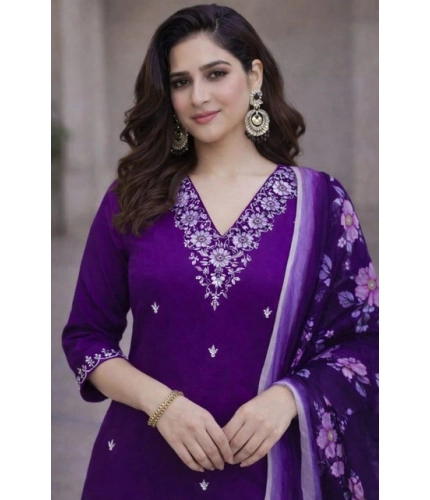 Generic Women's Chanderi Silk Ethnic Motif V-Neck 3/4th Sleeve Kurti With Pant Dupatta Set (Purple)