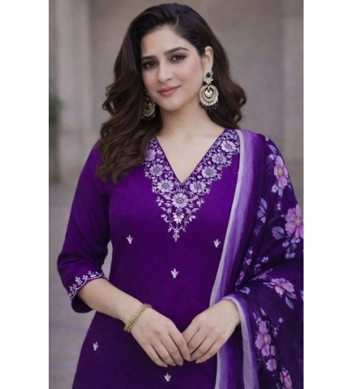 Generic Women's Chanderi Silk Ethnic Motif V-Neck 3/4th Sleeve Kurti With Pant Dupatta Set (Purple)
