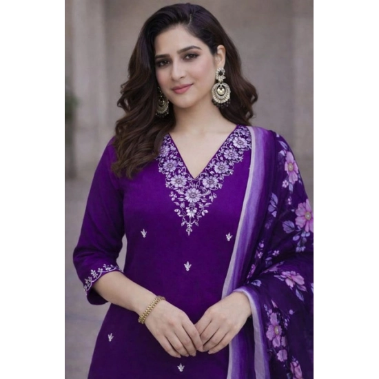 Generic Women's Chanderi Silk Ethnic Motif V-Neck 3/4th Sleeve Kurti With Pant Dupatta Set (Purple) Generic Women's Chanderi Silk Ethnic Motif V-Neck 3/4th Sleeve Kurti With Pant Dupatta Set (Purple)