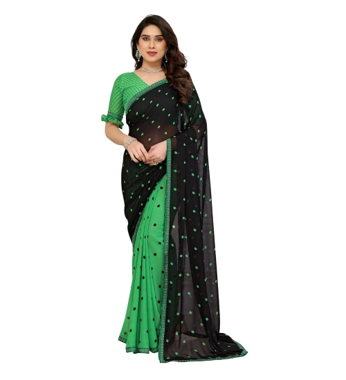 Generic Women's Georgette Printed Saree With Unstitched Blouse 5.5Mtr (Black-Green)