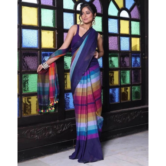Generic Women's Linen Printed Saree With Unstitched Blouse 5.5Mtr (Navy)