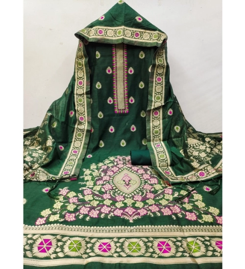 Generic Women's Banarasi Silk Printed Unstitched Salwar Suit Material With Dupatta (Bottle Green, 3Mtrs)