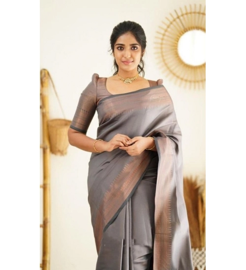 Generic Women's Litchi silk Printed Saree With Unstitched Blouse (Grey)