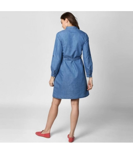 Generic Women's Denim Solid Roll Up Sleeve Dress (Blue)
