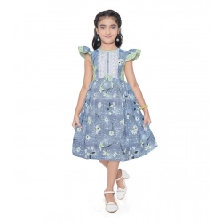 Generic Girl's Twill Printed Short Sleeve Round Neck Dress (Green)