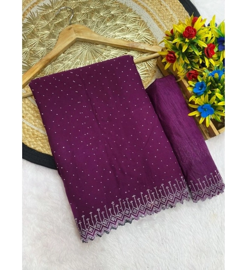 Generic Women's Georgette Stone Work Saree With Unstitched Blouse 5.5Mtr (Purple)
