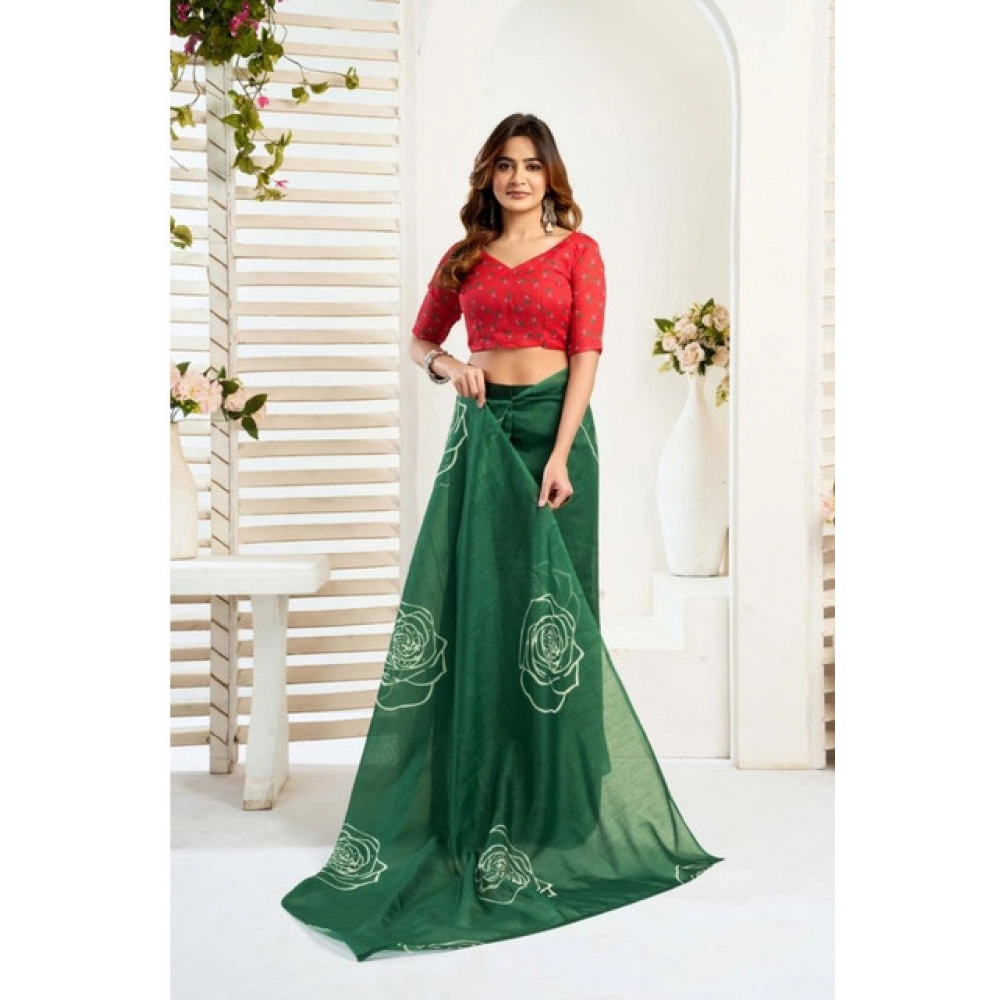 Generic Women's Faux_Linen Printed Ready-to-Wear Saree With Unstitched Blouse 5.5 Mtr (Dark_Green)