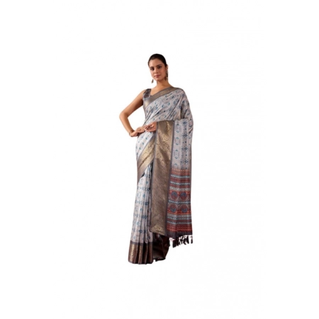 Generic Women's Faux_Art_Silk Printed Saree With Unstitched Blouse 5.5Mtr (Silver)