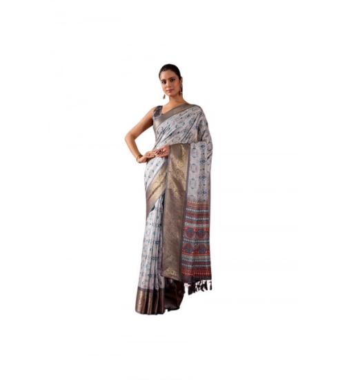 Generic Women's Faux_Art_Silk Printed Saree With Unstitched Blouse 5.5Mtr (Silver)
