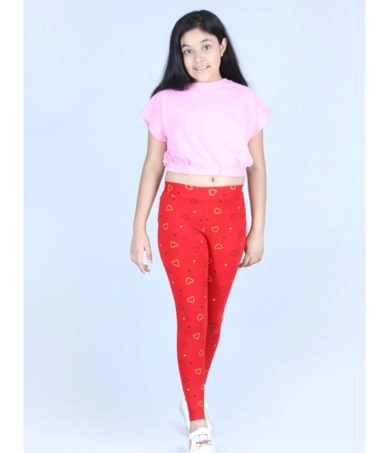 Generic Girl's Cotton Lycra Printed Elasticated Leggings (Red)