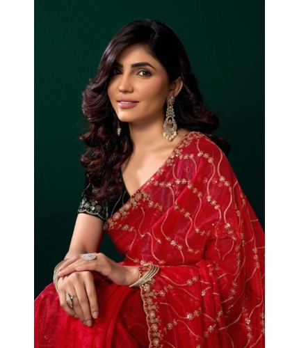 Generic Women's Net Sequence Saree With Unstitched Blouse 5.5Mtr (Red)