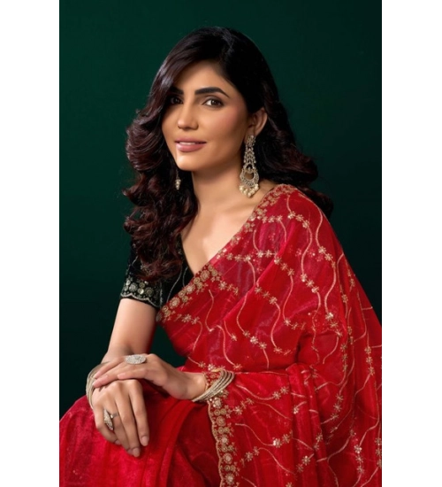 Generic Women's Net Sequence Saree With Unstitched Blouse 5.5Mtr (Red)