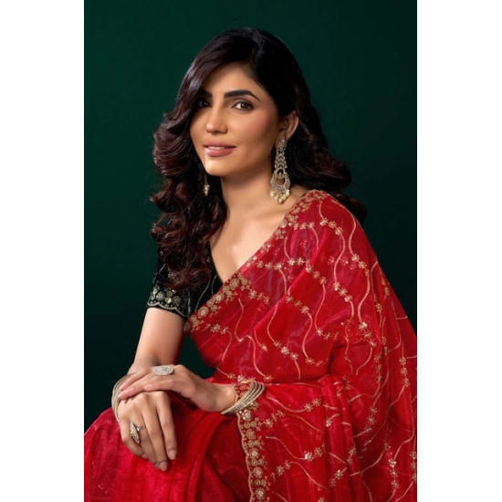 Generic Women's Net Sequence Saree With Unstitched Blouse 5.5Mtr (Red) Generic Women's Net Sequence Saree With Unstitched Blouse 5.5Mtr (Red)