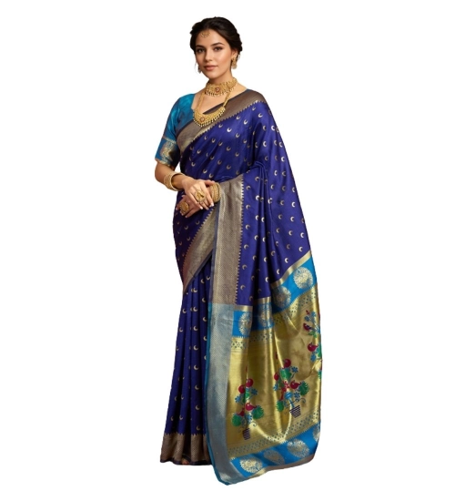 Generic Women's Silk Blend Zari Woven Saree With Unstitched Blouse 5.5Mtr (Navy)