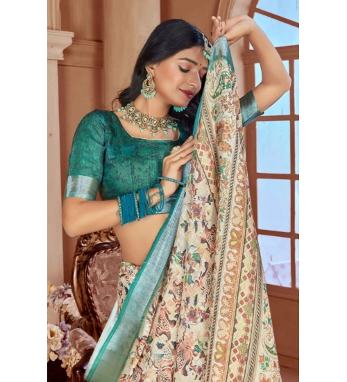 Generic Women's Printed Cotton Linen Saree withPrinted  Saree With Unstitched Blouse (Green, 5-6Mtrs)