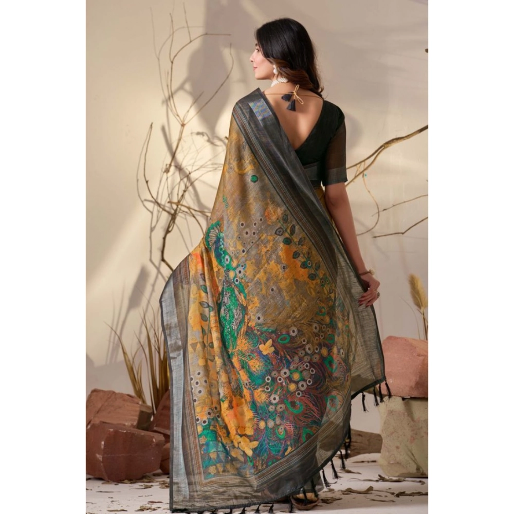 Generic Women's Faux_Linen Printed Saree With Unstitched Blouse 5.5Mtr (Mustard)
