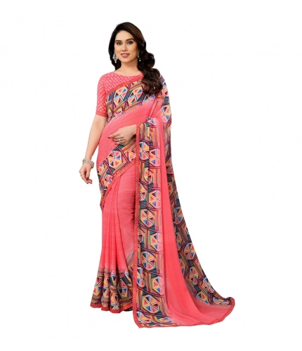 Generic Women's Georgette Printed Saree With Unstitched Blouse 5.5Mtr (Pink)