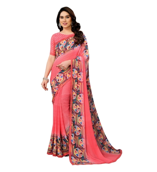 Generic Women's Georgette Printed Saree With Unstitched Blouse 5.5Mtr (Pink)