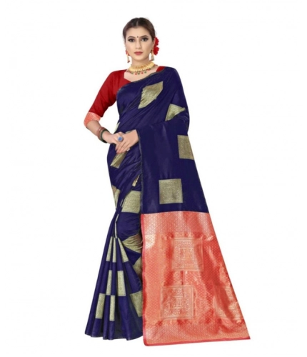 Generic Women's Soft Lichi Silk Printed Saree With Unstitched Blouse 5.5Mtr (Blue)