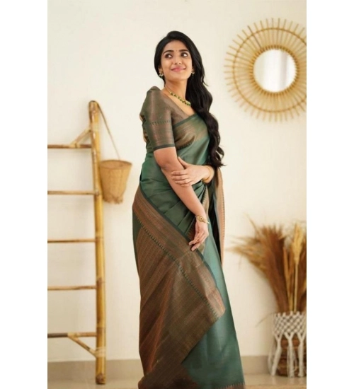 Generic Women's Litchi silk Printed Saree With Unstitched Blouse (Green)