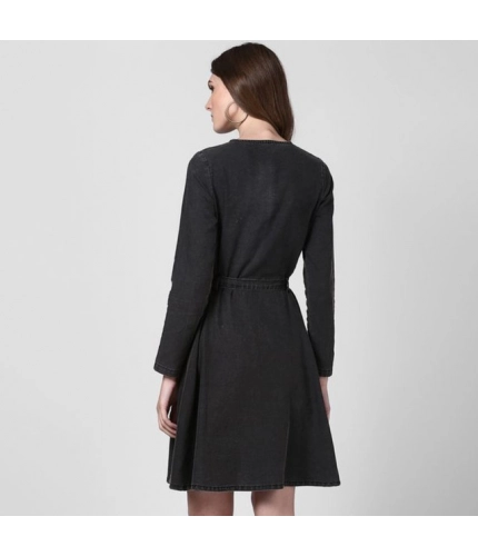 Generic Women's Denim Washed Long Sleeves Dress (Black)