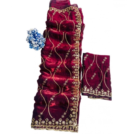 Generic Women's Slik Embellished Saree With Unstitched Blouse 5.5Mtr (Wine)