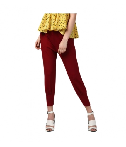Generic Women's Polyester Solid Elasticated Trousers (Maroon)